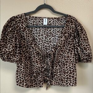 Abound Brown Cheetah Tie-Front Puff Sleeve Blouse